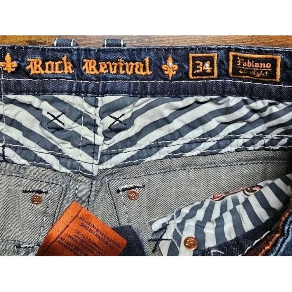 Rock Revival Jeans 34x35 Straight Dark Blue Premium Distressed Designer Denim